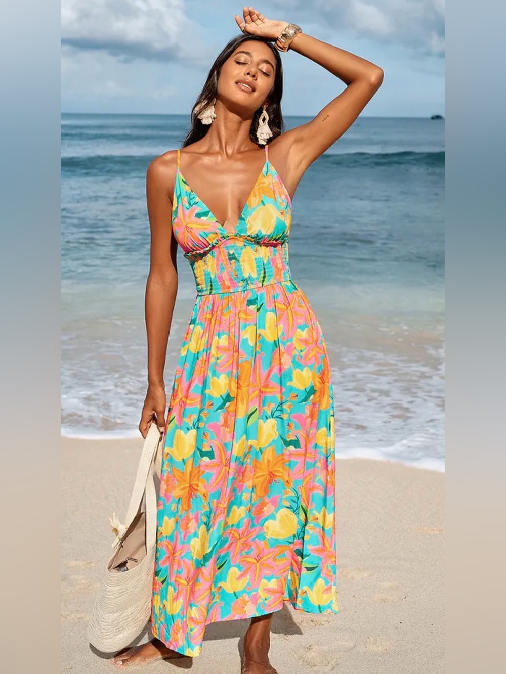 Cupshe Teal Pink Yellow Tropical Floral Sundress